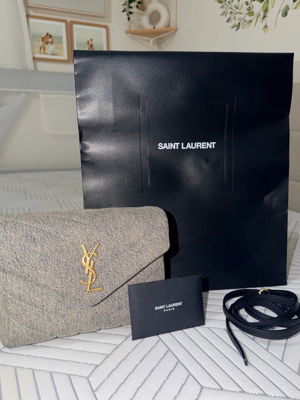 Saint Laurent Gray Quilted Crossbody Bag with Gold YSL Emblem